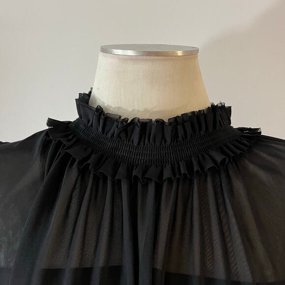 Black Ruffle Mock Neck Puff Sleeve Mesh Mini Dress Wmns L Witchy Whimsygoth - Picture 2 of 7